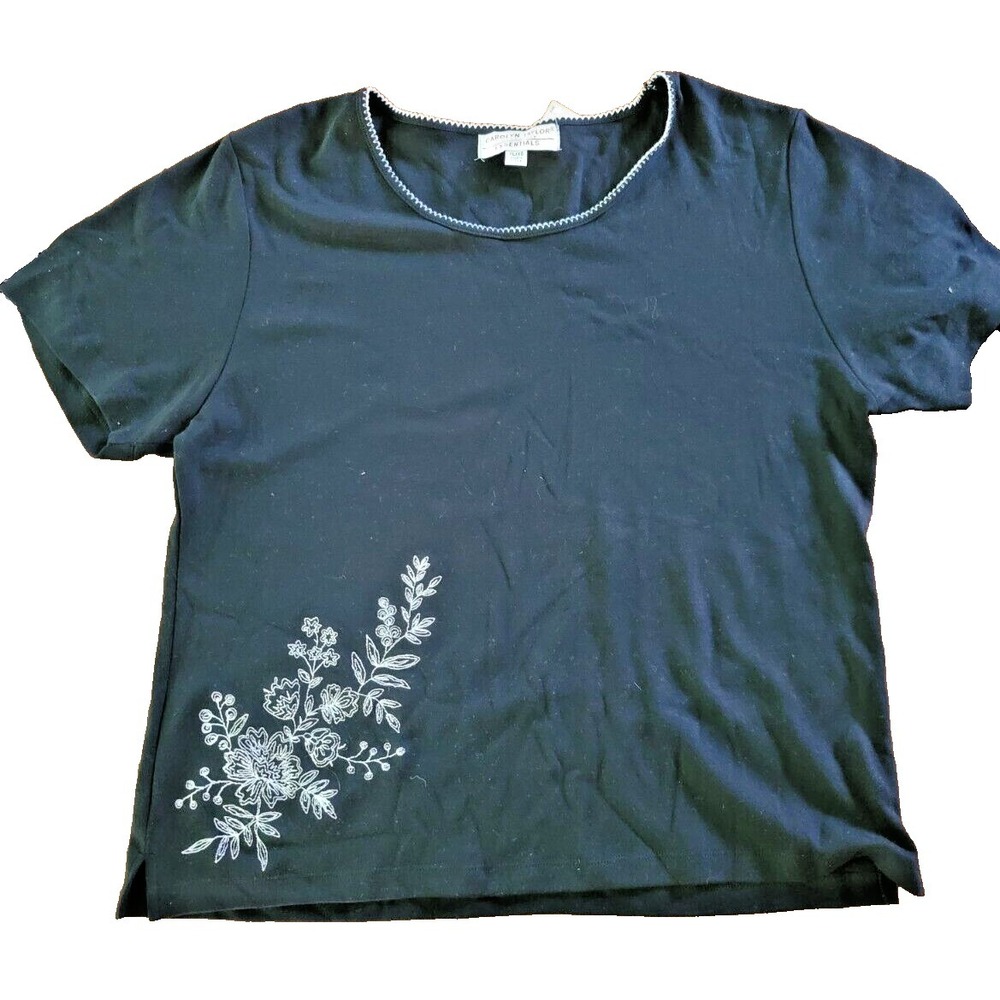Womens XL shrt-slv T-shirt Black Embr NWOT Carolyn Taylor Essentials 100% Cotton